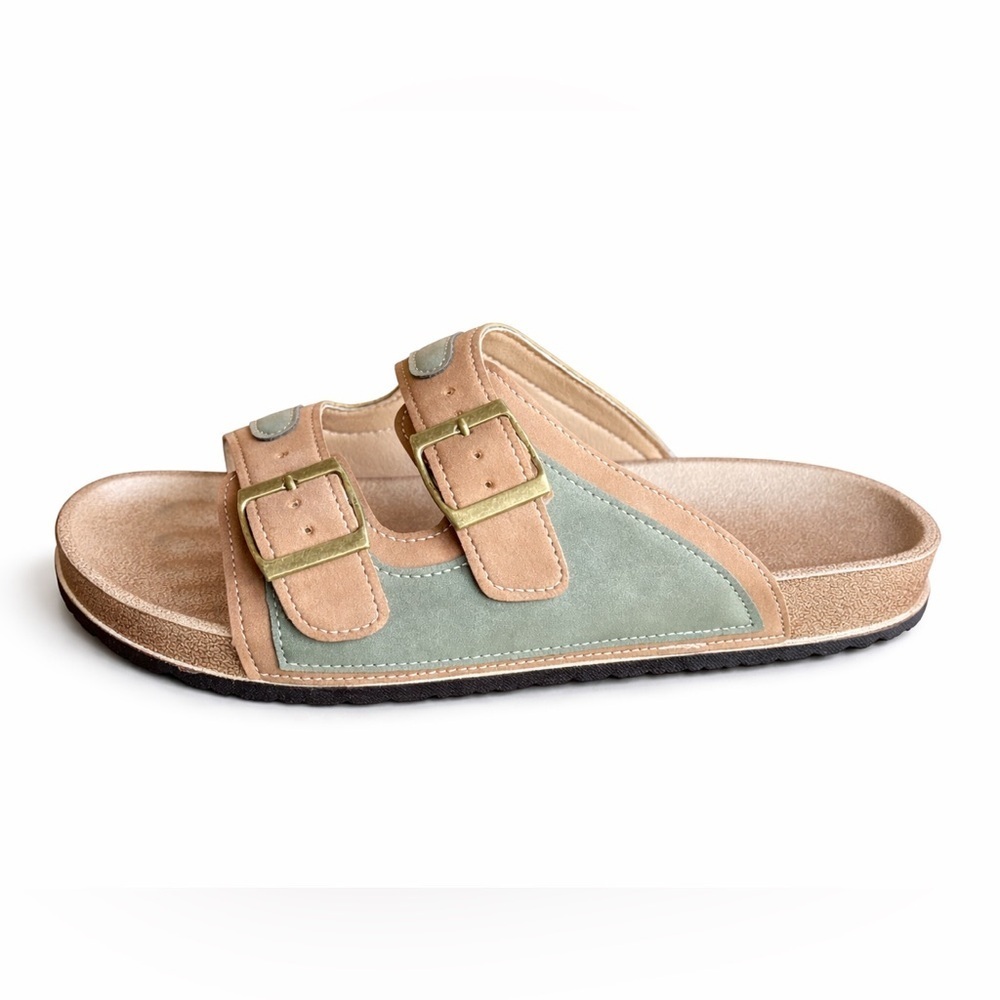 Women’s Sage Blue Tan Double Buckle Slide Sandals Size 42 / 11 Cork Footbed NEW